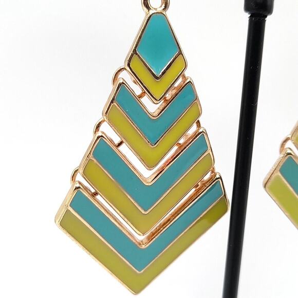 Vintage Enamel Drop Earrings, Turquoise Light Green Enamel, Articulated, 2 1/4" - Picture 3 of 8